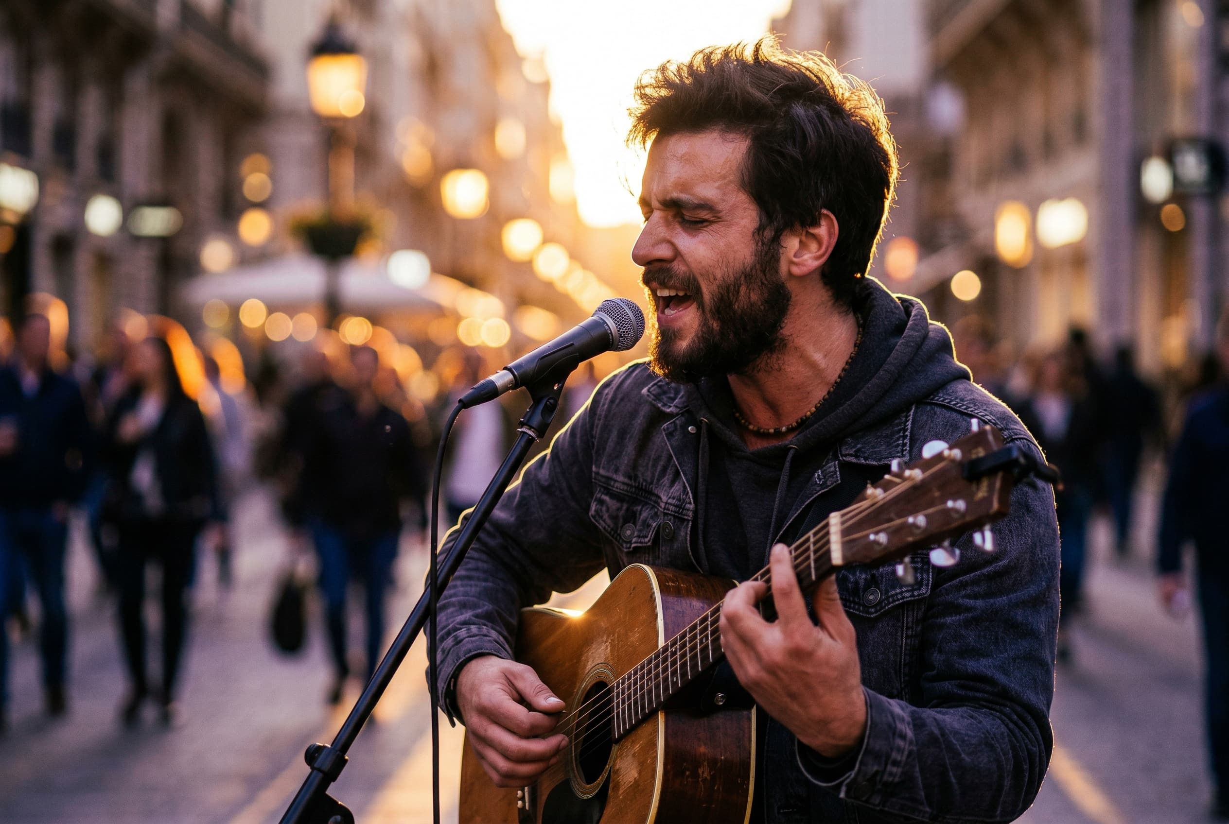 Passionate street guitarist performing