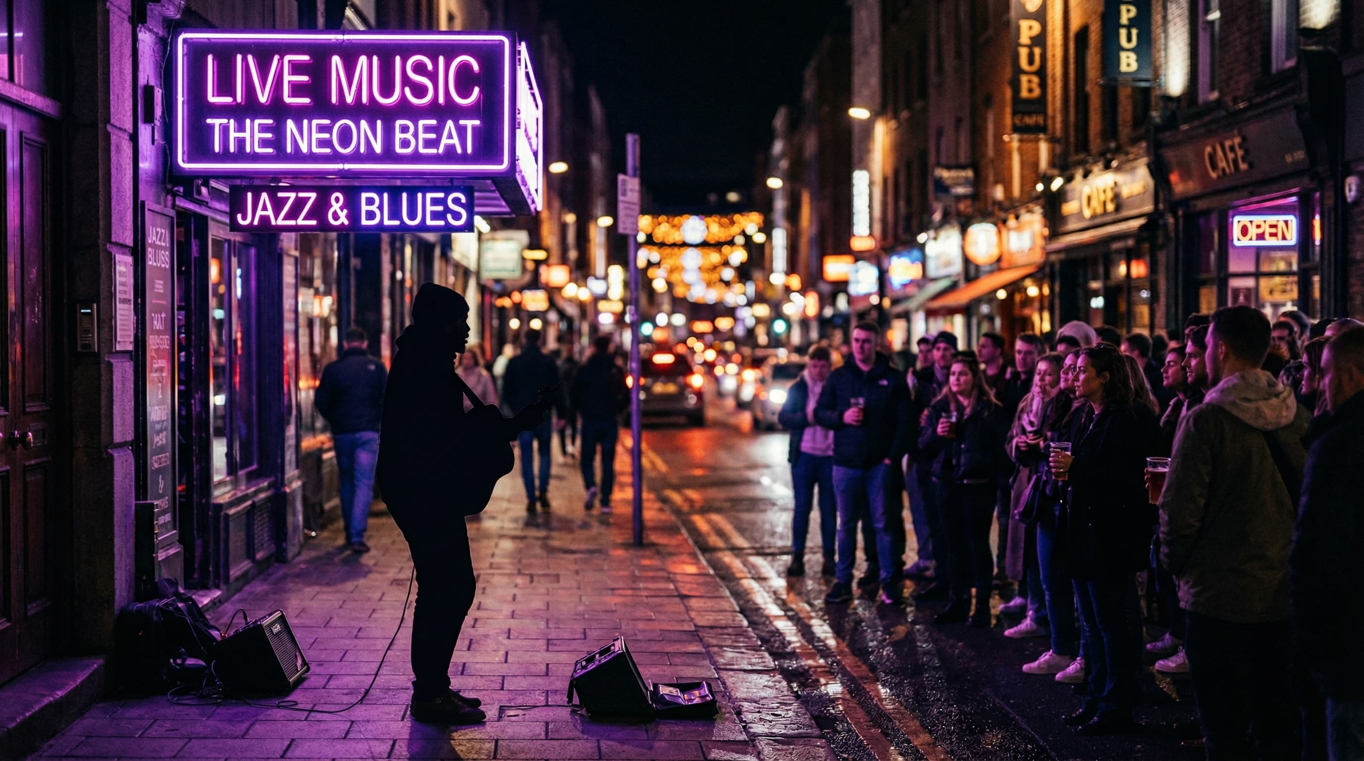 Street musician performing at night